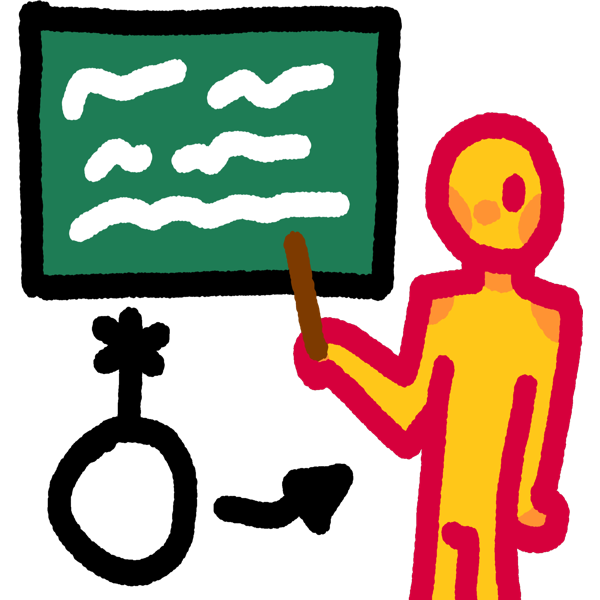 A simple yellow person on holding a brown stick with their left hand and holding it up to a dark blueish green chalkboard with white scribbles on it. There is a black circle with a horizontal line coming from the top with an X at the tip of the line/non-binary symbol under the chalkboard with a black arrow pointing to the yellow person.